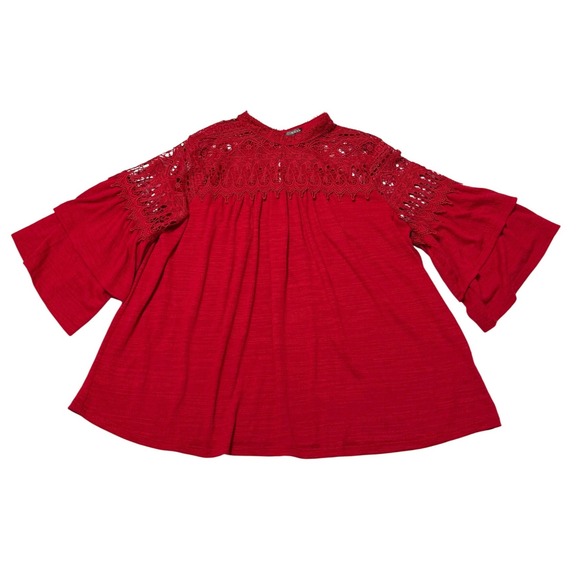 Hannah Tops - Hannah Red Crochet Lace Yoke Tiered Bell Sleeve Blouse Top L Boho Hippie Chic